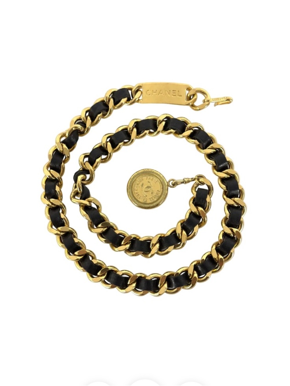 Vintage CHANEL Gold and Black Interwoven Chain Belt with Medallion